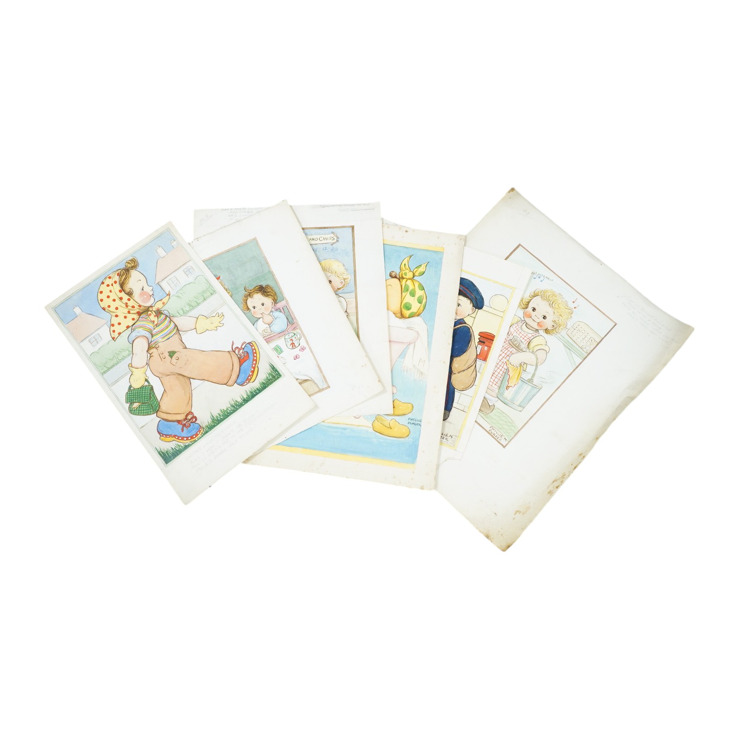 Phyllis Purser (1893-1990), set of six original watercolours for childrens' postcard designs, Humorous children including 'Fish and chips' and 'Take a foam bath' and 'Part with your pounds', each signed, various pencil i